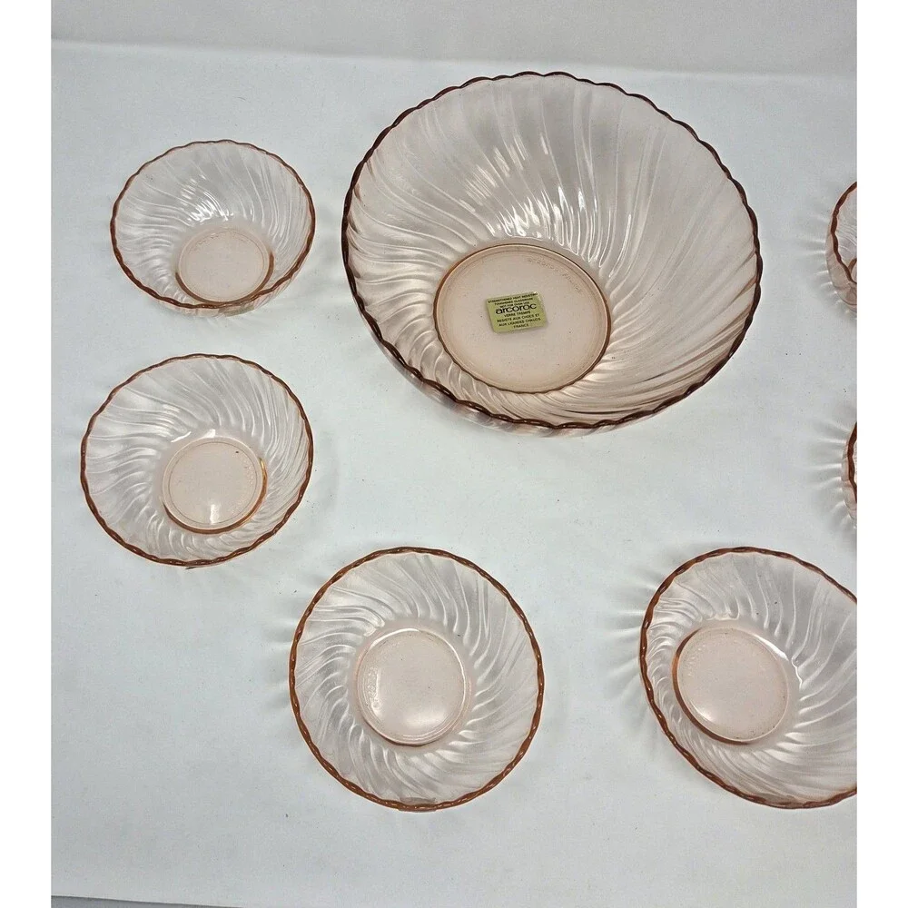 Arcoroc France Rosaline Pink Swirl Glass‎ Salad Bowl Set 7 Pc Vintage 1970s